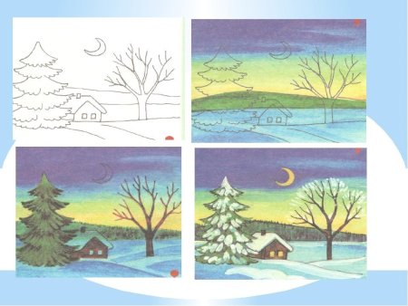 Этапы рисования зимнего пейзажа