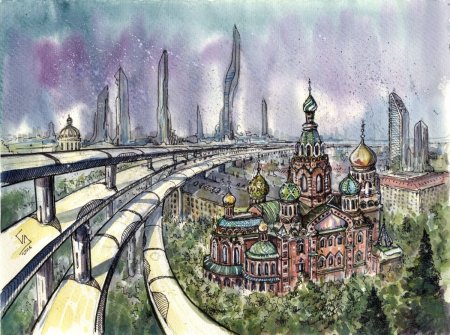 Город будущего акварелью