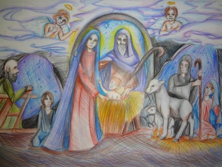 Иосиф и Мария в вертепе раскраска