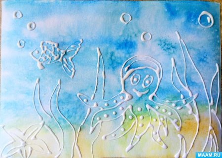 Рисование акварелью и солью морские обитатели
