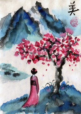 Праздник цветения Сакуры в Японии японская живопись