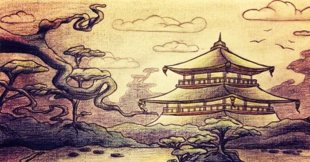 Японский пейзаж карандашом