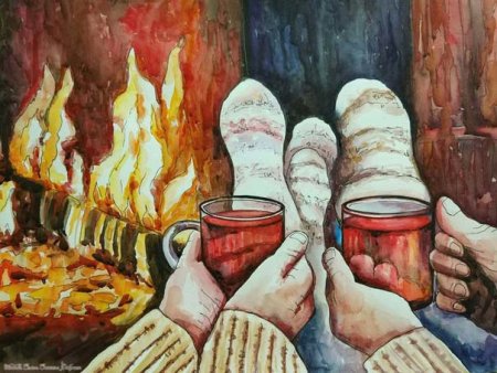 У камина акварель