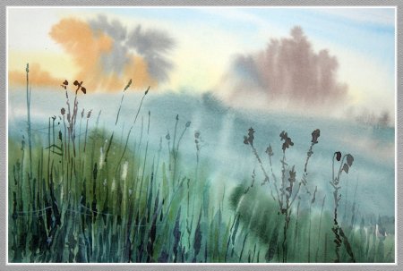 Утренний пейзаж акварелью