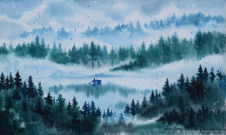 Горы и озеро акварель