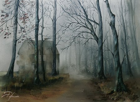 Мрачный пейзаж акварелью