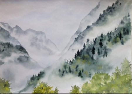 Лес и горы акварелью