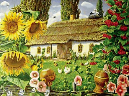 Иллюстрация,украинская хата,Мальва,деревня