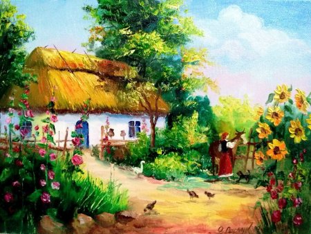 Украинская хата Мазанка Подсолнухи, мальвы