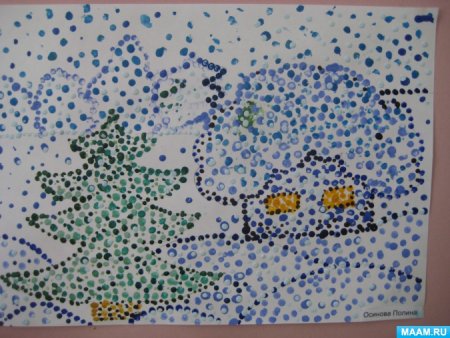 Точечная живопись пуантилизм зима