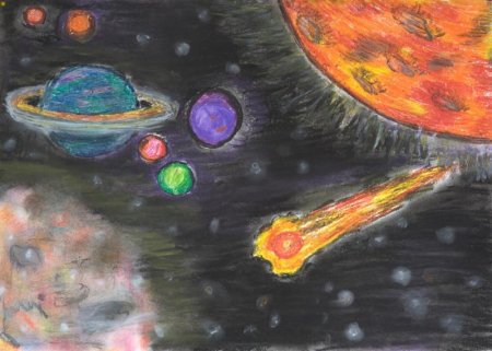 Космический пейзаж цветными карандашами