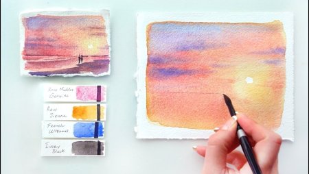 Закат на море акварелью