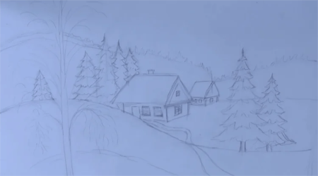 Зимний пейзаж карандашом
