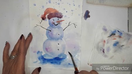 Рисуем снеговика акварелью