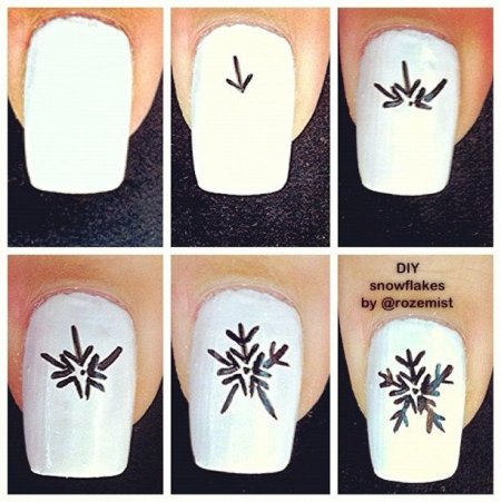 Рисование снежинки на ногтях