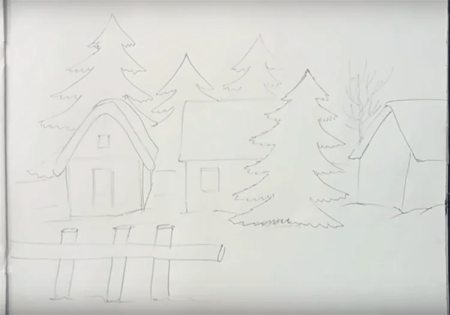 Зимний пейзаж карандашом