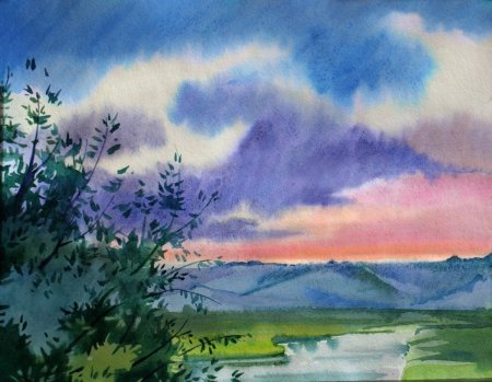 Весенний пейзаж акварелью легкий