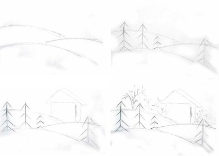 Зимний пейзаж поэтапное рисование