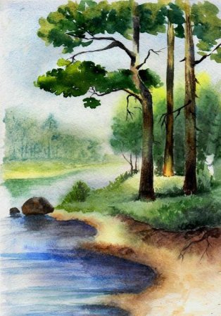 Летний пейзаж цветными карандашами