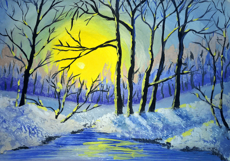 Зимний пейзаж рисунок гуашью