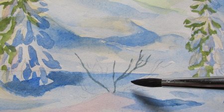 Зимний городской пейзаж гуашью