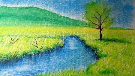 Летний пейзаж цветными карандашами