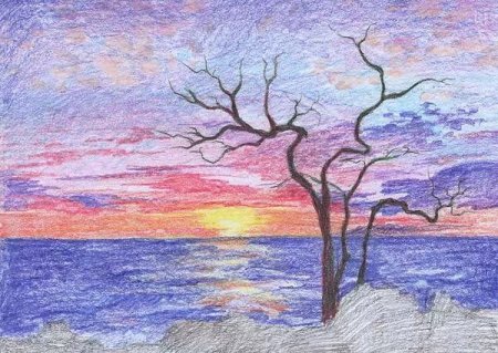 Пейзаж восковыми мелками