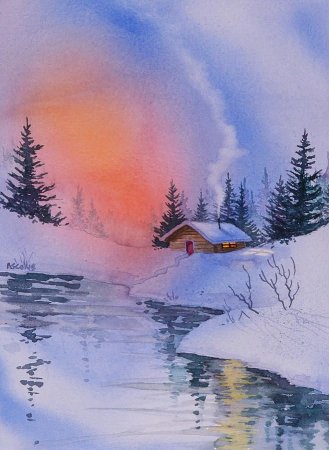 Зимний пейзаж акварелью для начинающих