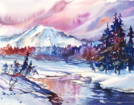 Зимний пейзаж акварелью для детей