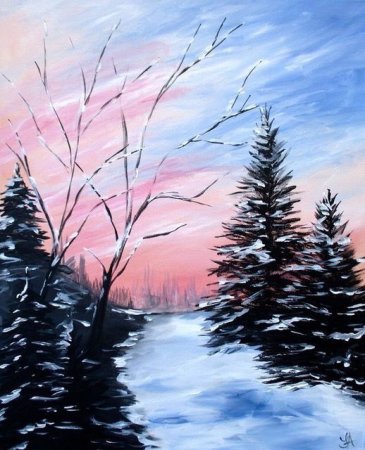 Зимний пейзаж акварелью для детей