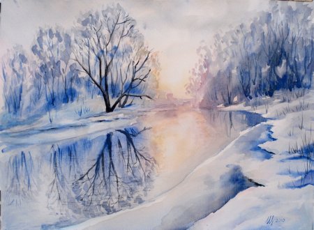 Зимний пейзаж акварелью поэтапно для начинающих
