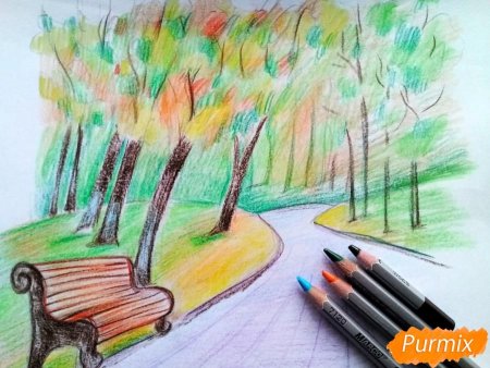 Парк цветными карандашами