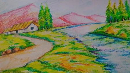 Пейзаж цветными карандашами