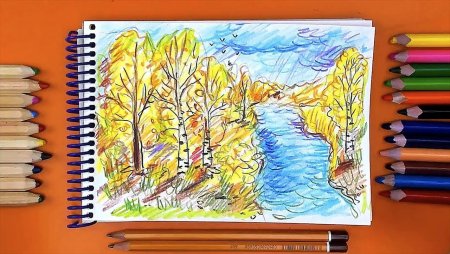 Сельский пейзаж цветными карандашами