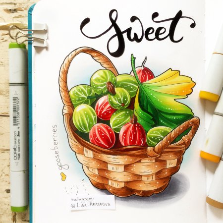Рисунки фруктов маркерами в скетчбуке