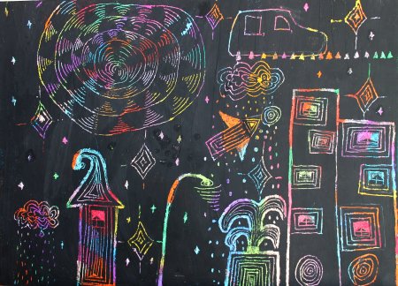 «Подводное царство» (граттаж + восковые мелки)