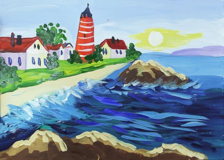 Морской пейзаж цветными карандашами