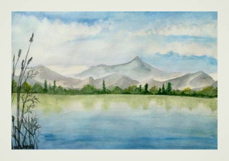 Пейзаж с горами и озером легкие