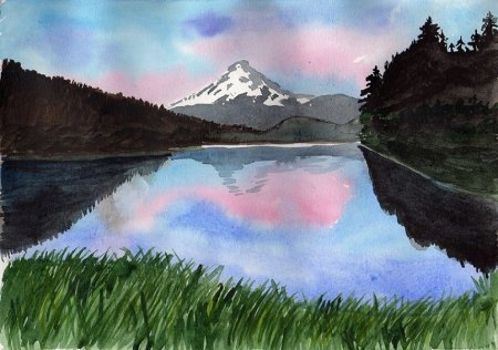 Горный пейзаж акварелью для детей с водой