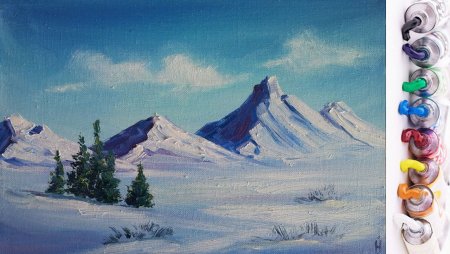 Заснеженные горы гуашью