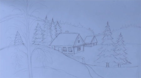 Зимний пейзаж карандашом для детей