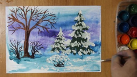 Зима гуашью для начинающих