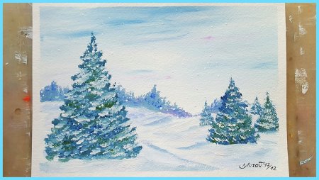 Зимний пейзаж рисунок в сиреневом цвете