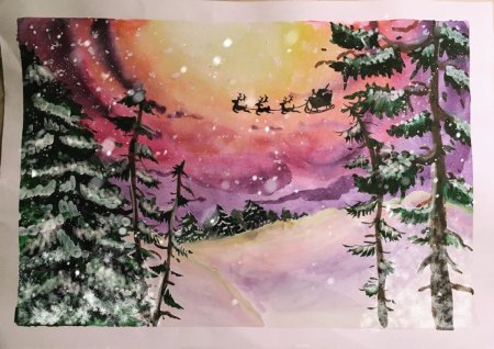 Зимний городской пейзаж гуашью