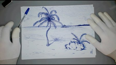 Пейзаж синей ручкой