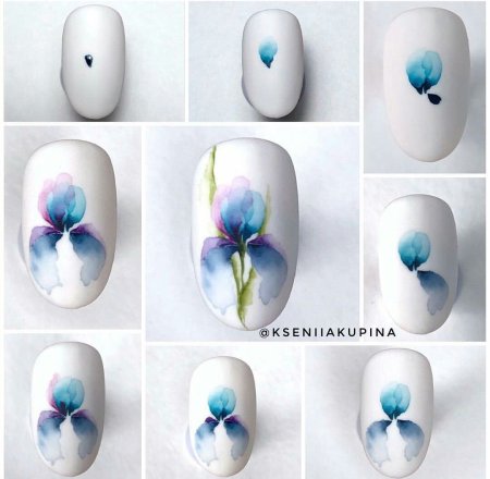 Пошаговое рисование акварелью на ногтях