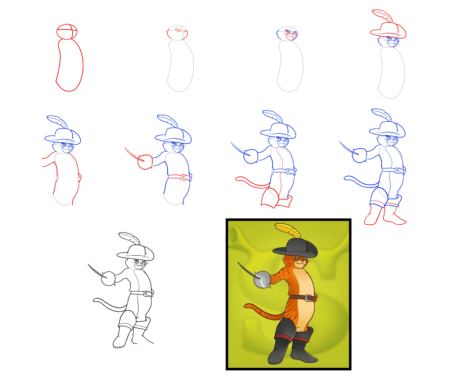 Кот в сапогах рисунок поэтапно