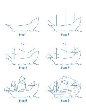 Поэтапное рисование корабля для детей