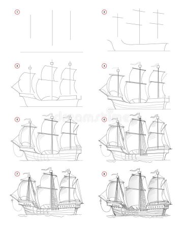 Поэтапное рисование корабля для детей