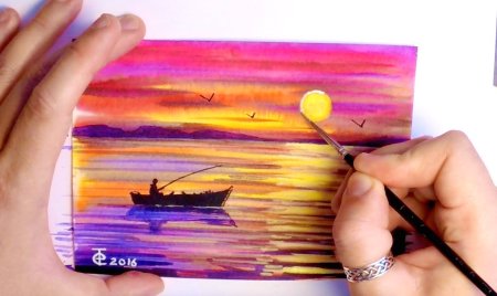 Закат на море карандашом